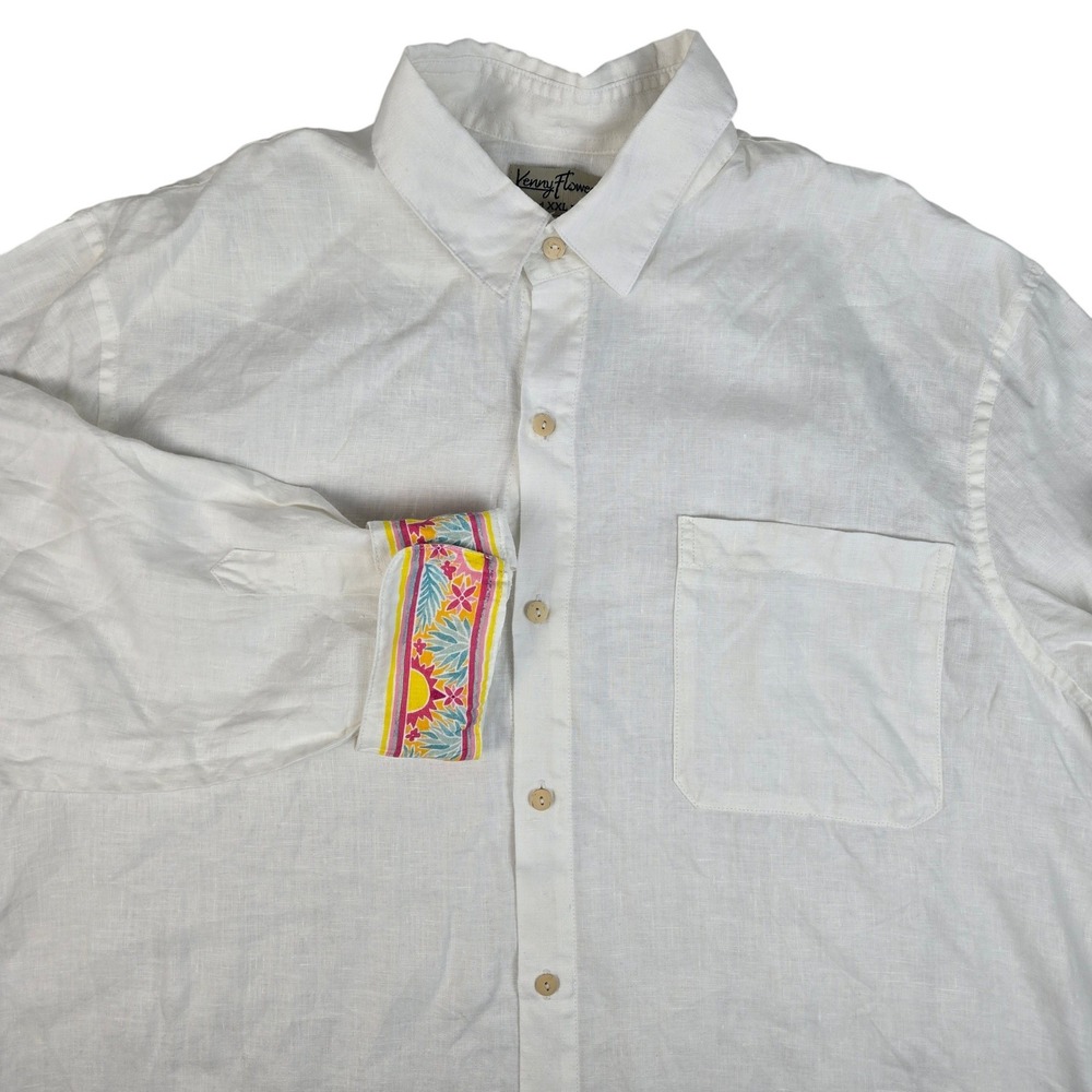 Kenny Flowers XXL White 100% Linen Long Sleeve Button Up Shirt Floral Flip Cuffs